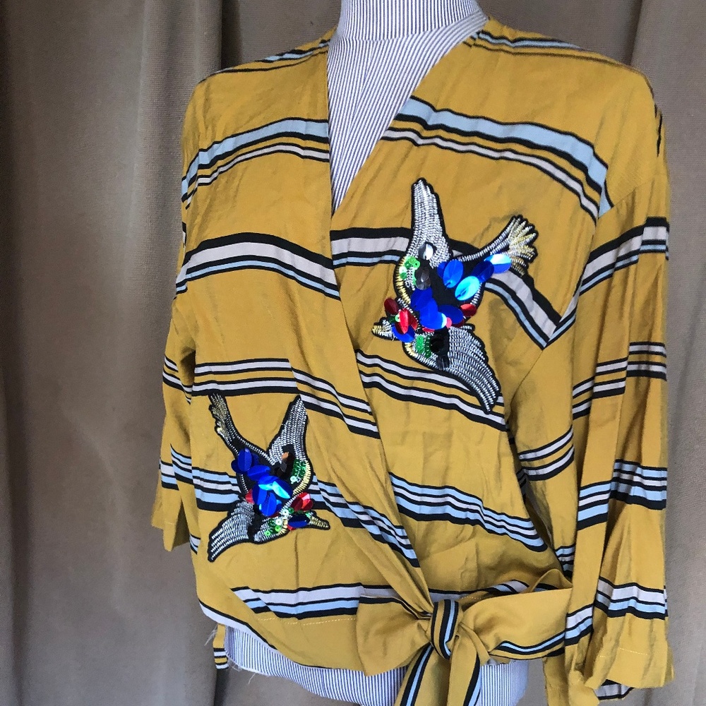 ZARA ochre striped embellished birds kimono top L